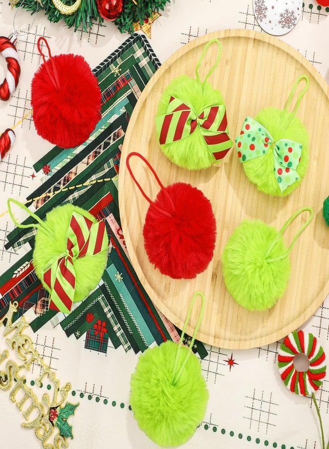 Vynium 24 Pcs Red Green Furry Christmas Ball Ornaments, 3.15 Inch Large Decor Ball with Bows, Christmas Hanging Decorations Lime Green Soft Faux Fur Pom Pom Balls Decor for Xmas Tree Party Supplies - Image 3